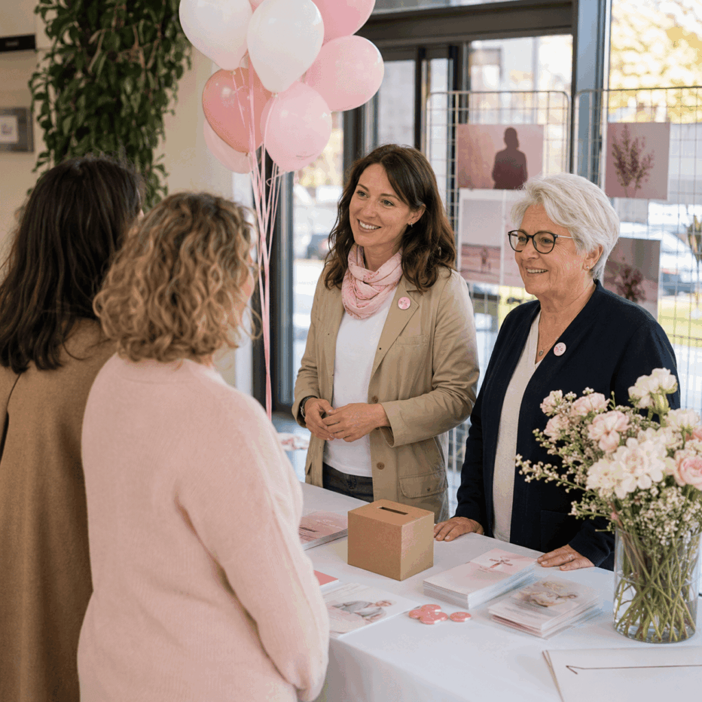 Bénévoles accueillant le public sur un stand d’information Octobre Rose