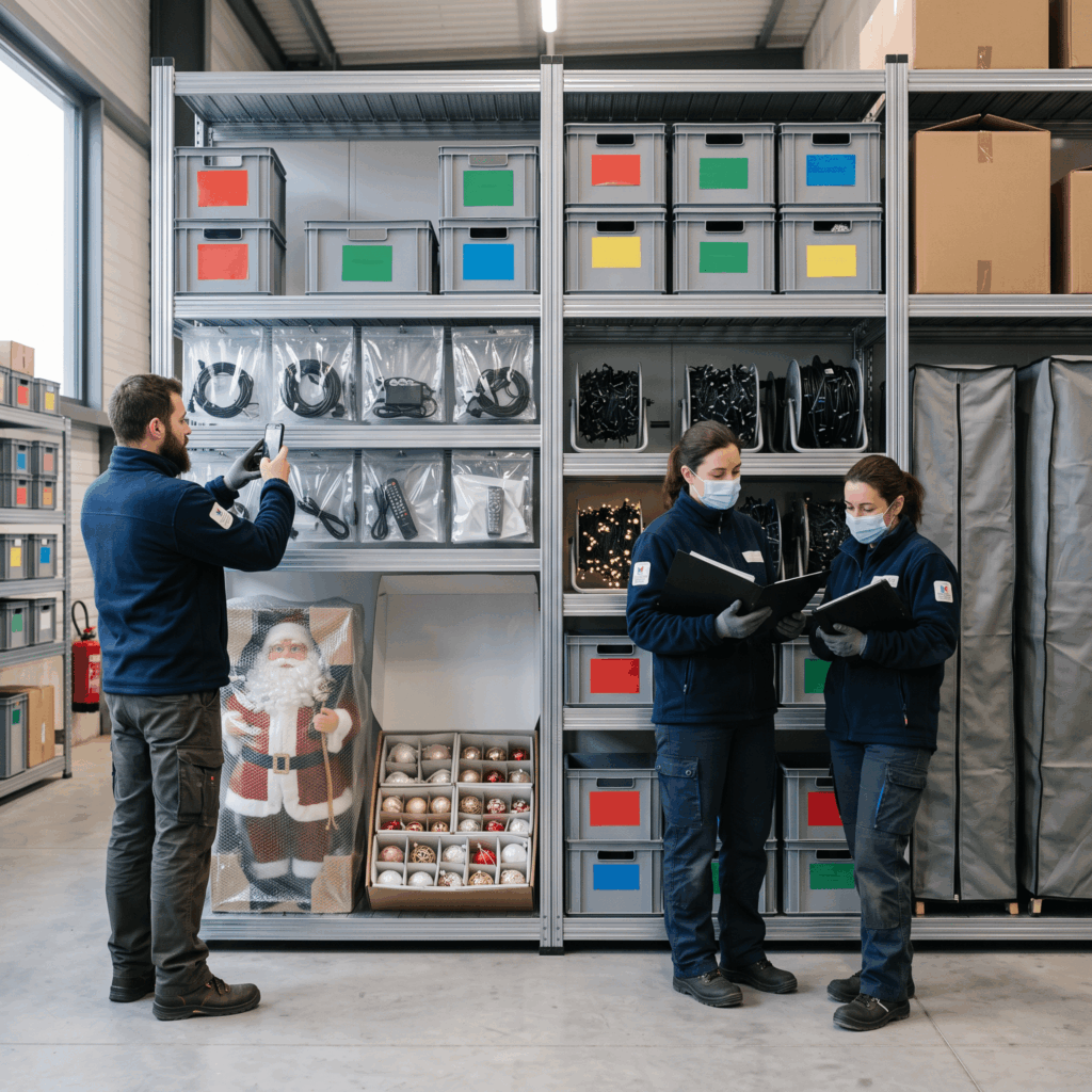 Local municipal propre avec cartons classés, guirlandes enroulées, câbles et télécommandes rangés séparément, décorations fragiles protégées et automate conservé dans son emballage pour être réutilisé les années suivantes.