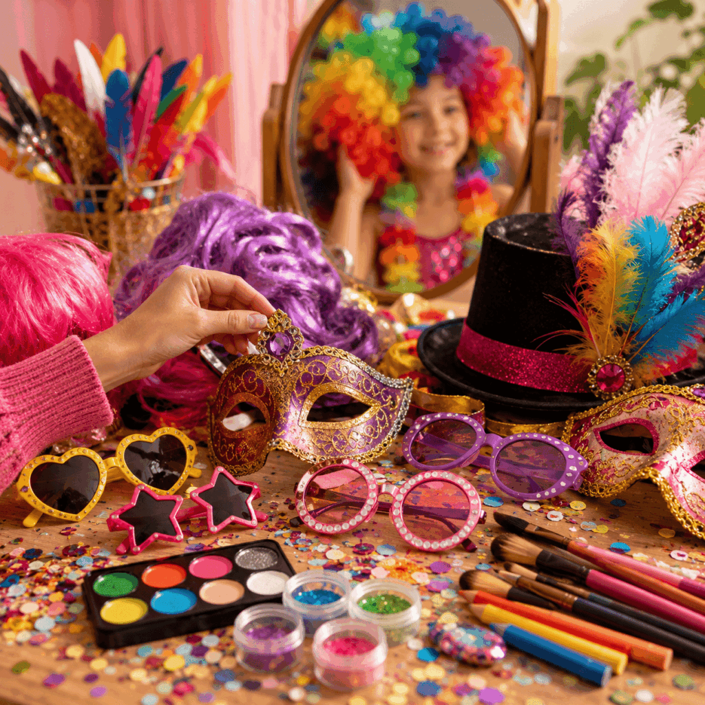 Gros plan sur une table d’accessoires Carnaval avec des perruques colorées, un masque vénitien, des lunettes fantaisie, un chapeau, une coiffe à plumes, du maquillage enfant et des confettis, pendant qu’une main choisit un accessoire pour compléter un déguisement.