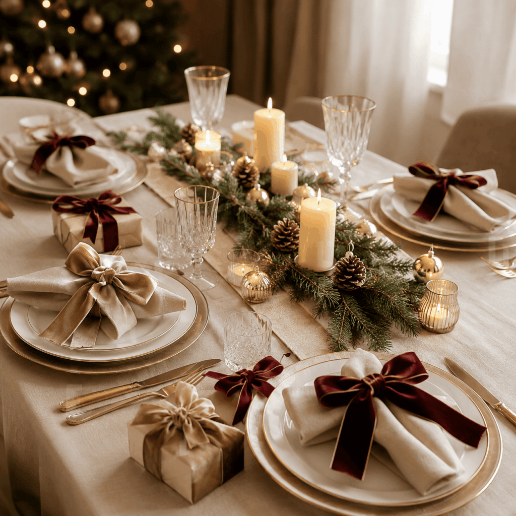 Table de Noël chic vue légèrement en plongée, décorée avec des serviettes nouées de rubans bordeaux et champagne, un chemin de table végétal, des bougies, des pommes de pin, des boules dorées et de petits paquets cadeaux. En arrière-plan, un sapin lumineux crée une ambiance chaleureuse et raffinée pour un repas de fête.