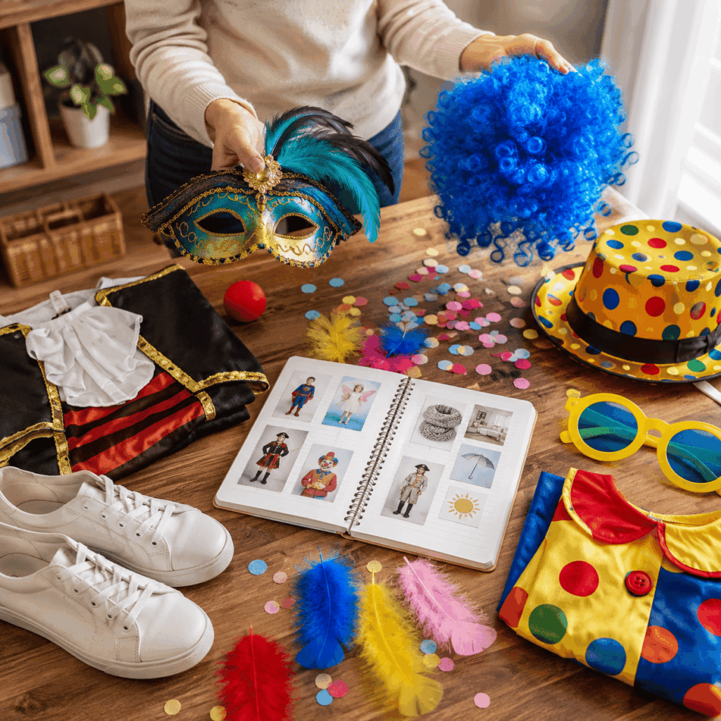 Vue légèrement de haut d’une table de préparation de Carnaval avec un masque, une perruque colorée, un chapeau, des lunettes fantaisie, des plumes, des confettis, un petit costume plié, des chaussures confortables et un carnet sans texte lisible.