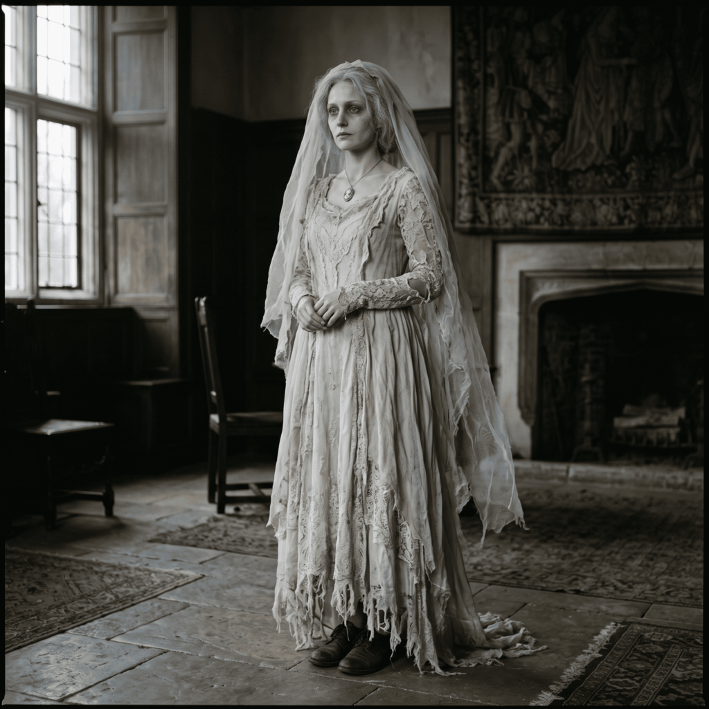 Tenue complète de Dame blanche avec robe longue en tissus ivoire, blanc cassé et gris perle, voile irrégulier, camée ancien et maquillage pâle.