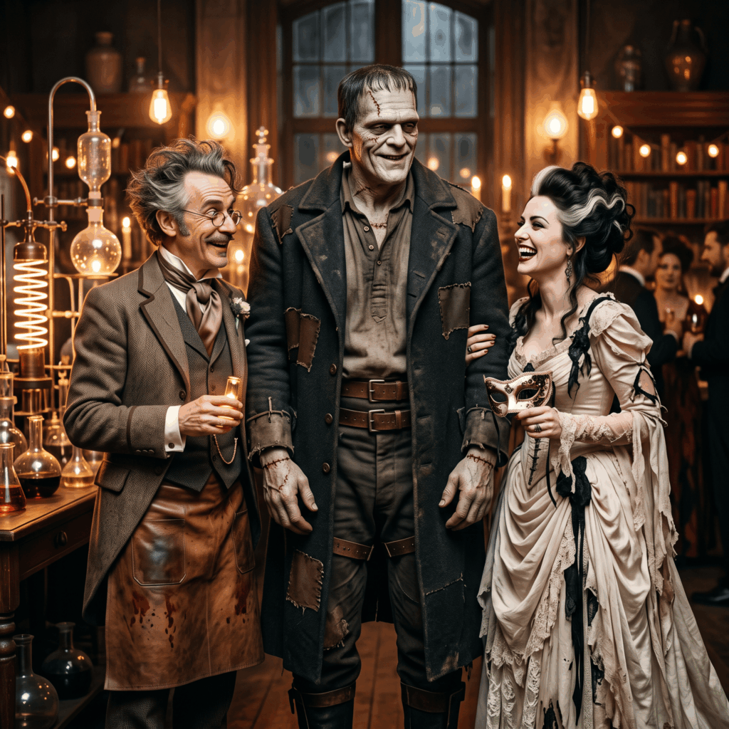 Photographie de groupe représentant trois amis costumés en scientifique victorien, créature de Frankenstein et Fiancée gothique lors d’une soirée dans un décor de laboratoire.