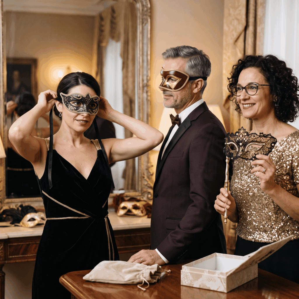 Une femme ajuste un loup vénitien à rubans, un homme teste un demi-masque à élastique et une femme portant des lunettes utilise un masque tenu à la main.