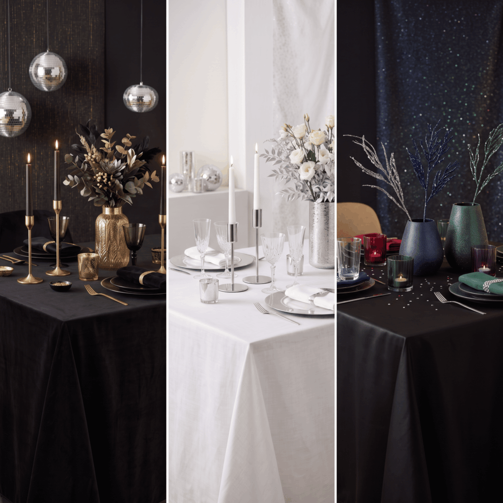 Trois décorations de soirée strass et paillettes en noir et doré, argent et blanc, et couleurs vives sur fond sombre.