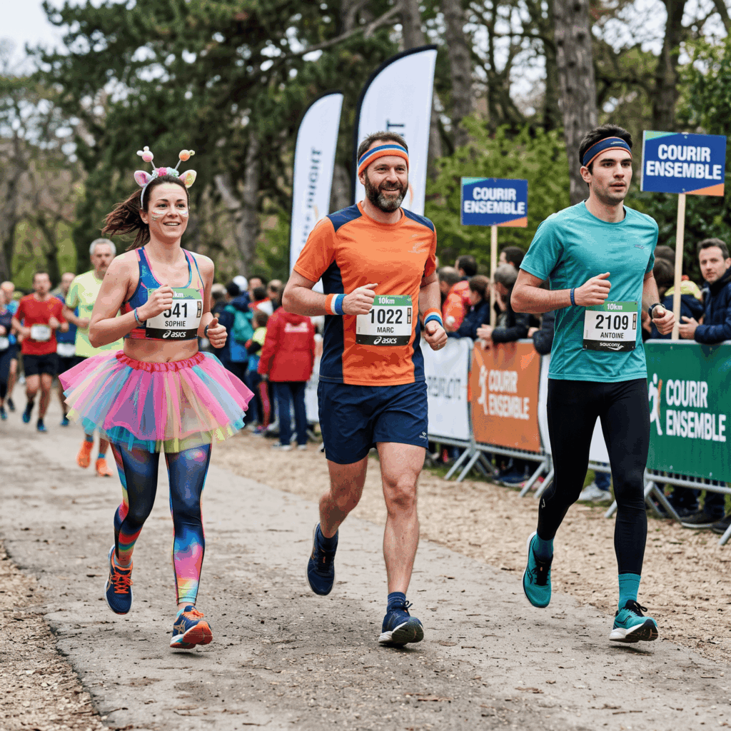 Trois coureurs montrent comment alléger un déguisement selon la distance : tutu et serre-tête pour un 5 km, accessoires rétro discrets pour un 10 km et tenue technique minimaliste pour un marathon.