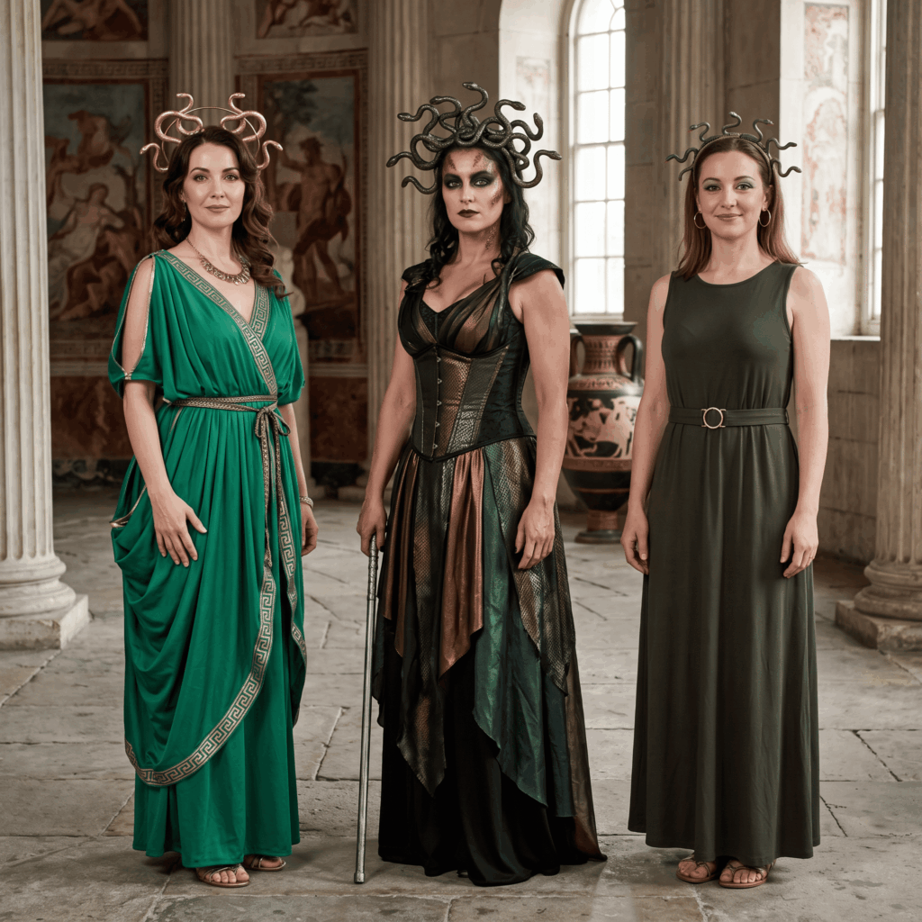 Trois femmes adultes présentent différentes façons de se déguiser en Méduse : une version antique verte et dorée, une interprétation sombre pour Halloween et une tenue simple avec robe noire et coiffe à serpents.