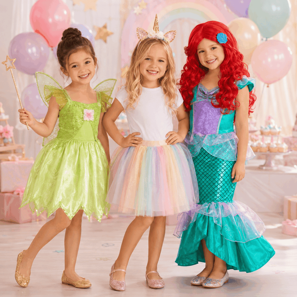 Trois enfants souriantes portent des déguisements féeriques dans une ambiance de fête pastel : une fée verte avec ailes et baguette, une licorne avec tutu multicolore et serre-tête, et une sirène turquoise et violette avec perruque rouge, pour illustrer des alternatives au déguisement princesse fille.
