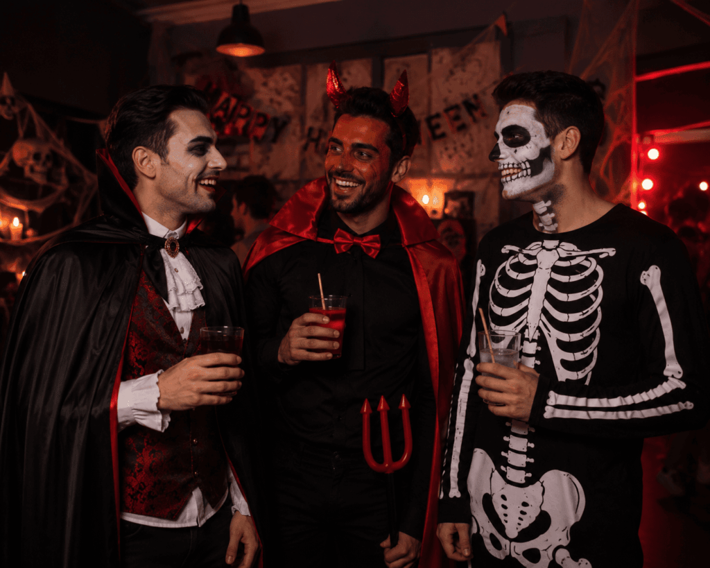 Trois hommes debout pendant une soirée Halloween, déguisés en vampire, diable et squelette, discutant avec un verre à la main dans une ambiance festive et décontractée.