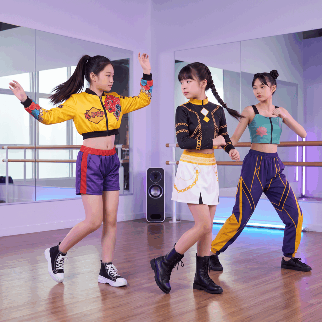 Trois jeunes filles répètent une danse K-pop dans un studio avec une tenue jaune et short, un ensemble noir et argent et un costume turquoise avec pantalon bleu et jaune.