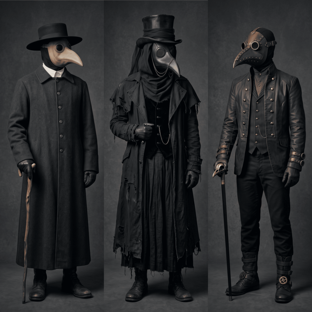 Comparaison visuelle de trois costumes de médecin de la peste : une version historique, une version gothique et une version steampunk.