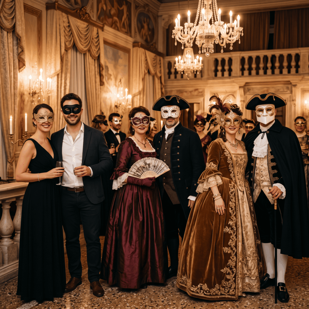Six adultes répartis en trois couples illustrent trois façons d’organiser une soirée Carnaval de Venise : une version élégante et simple, une formule plus costumée et un bal masqué très immersif.