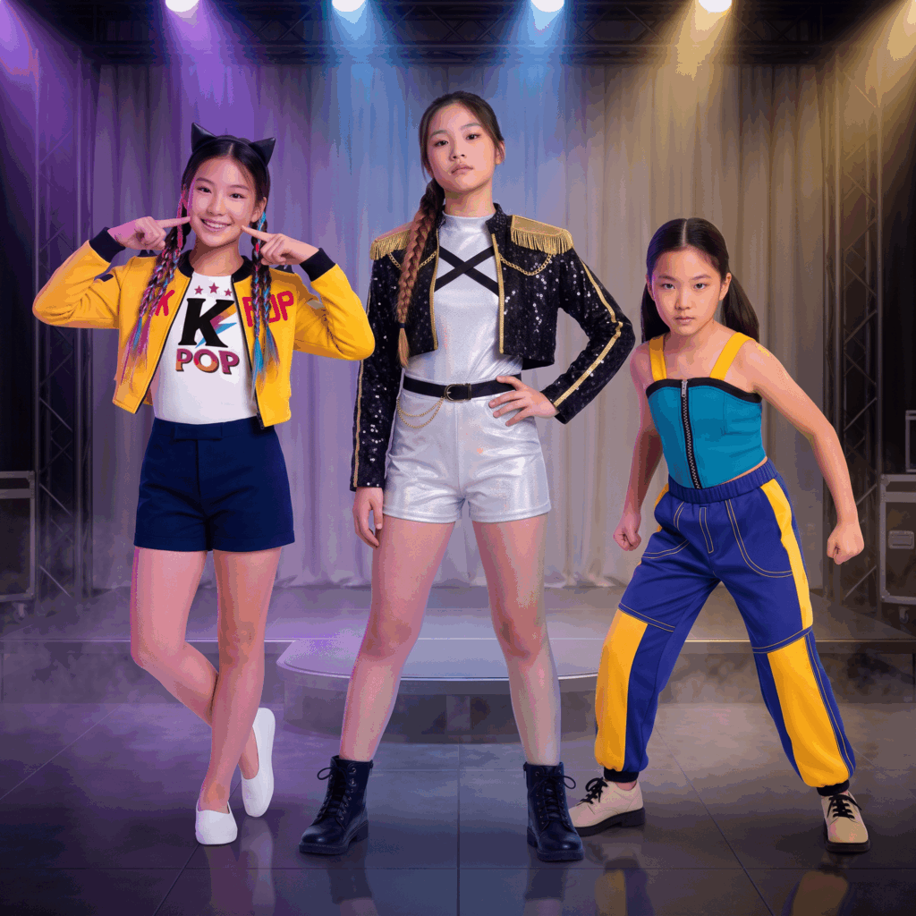 Trois jeunes filles en costumes K-pop génériques posent devant une scène, avec une tenue jaune et short, une tenue noir et argent brillante et une tenue turquoise avec pantalon bleu et jaune.