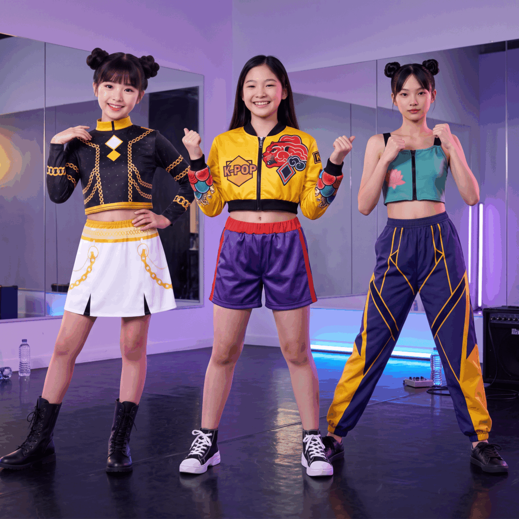 Trois jeunes filles comparent des costumes K-pop génériques dans une salle de répétition : une tenue avec jupe, un ensemble noir et argent avec short holographique et une tenue turquoise avec pantalon bleu et jaune.