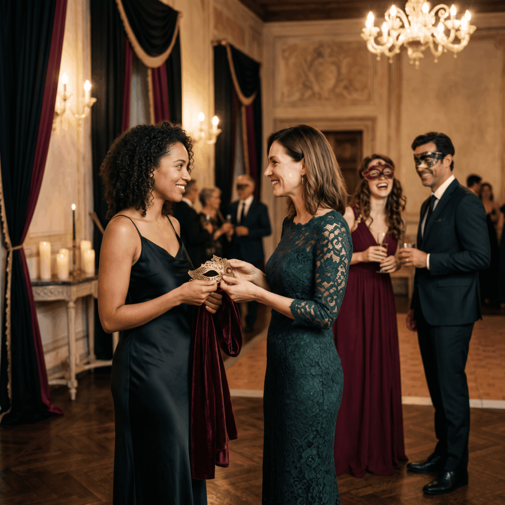 Une femme en tenue noire accepte un masque doré et une cape bordeaux proposés par l’organisatrice, tandis que deux invités masqués profitent déjà de la soirée.