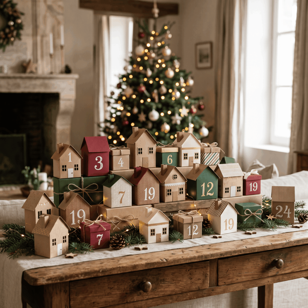 Un calendrier de l’Avent DIY en forme de village de 24 petites boîtes-maisonnettes kraft, décorées en rouge profond, vert sapin et or mat, est installé de façon stable sur une console dans une ambiance de Noël chaleureuse.