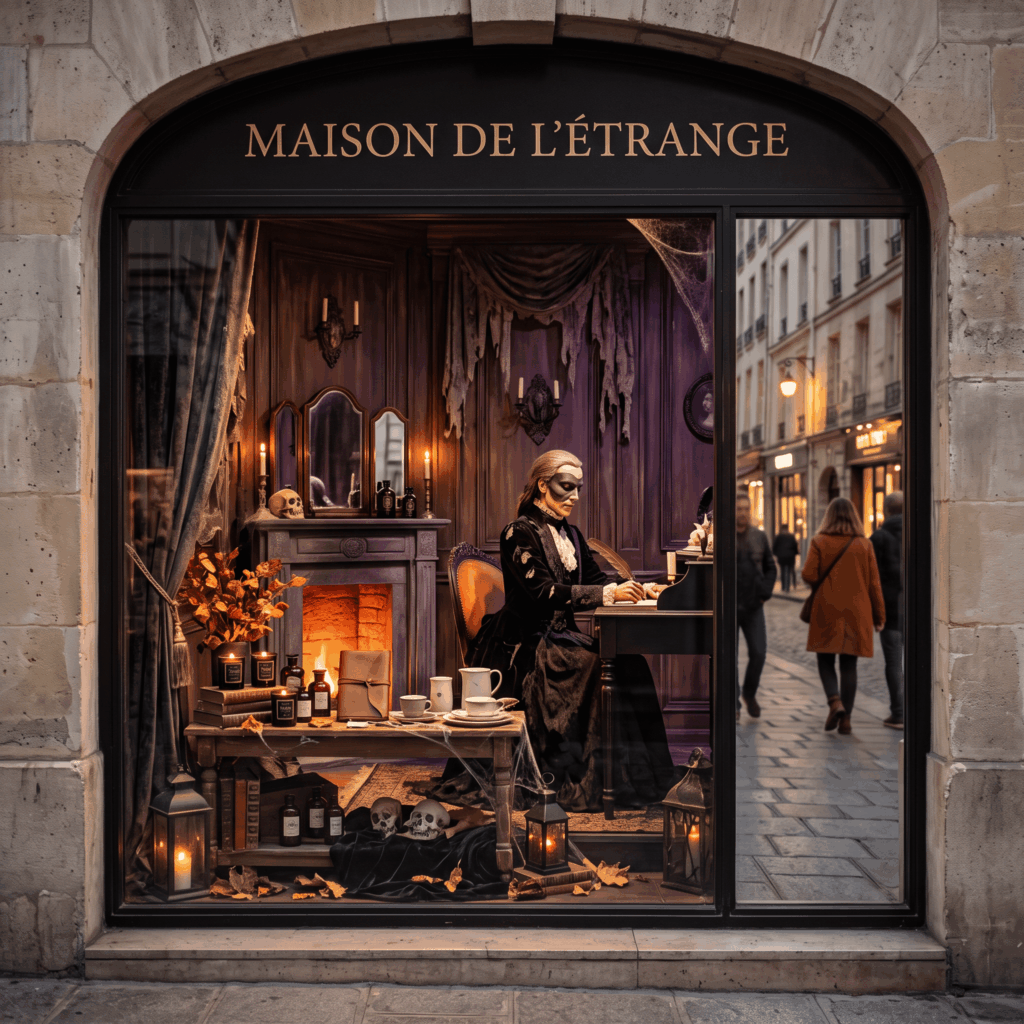 Vitrine Halloween professionnelle haut de gamme avec automate, produits visibles et éclairage dirigé
