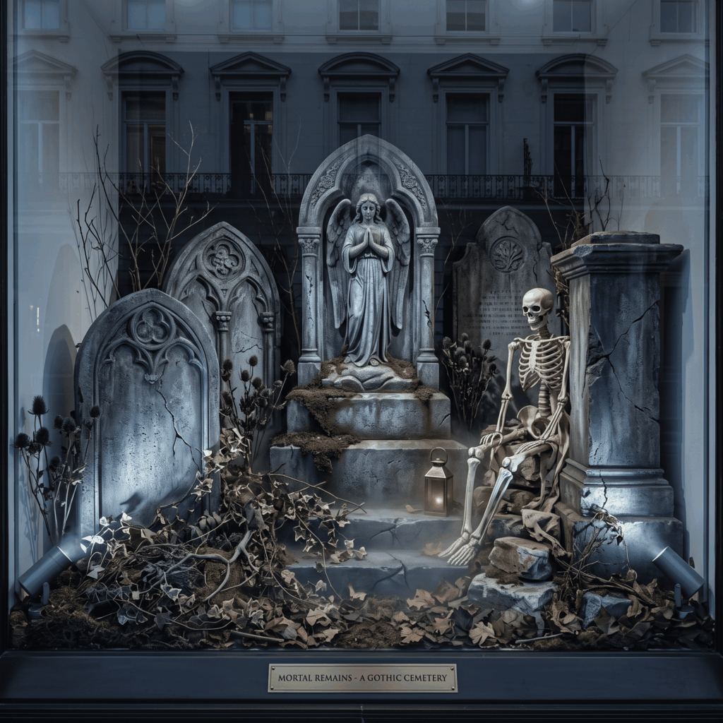 Vitrine commerciale décorée comme un cimetière gothique, avec pierres tombales vieillies, squelette en arrière-plan, végétation sombre, brume légère et éclairage dirigé.