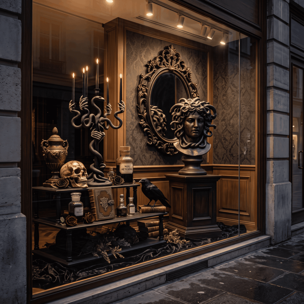 Vitrine commerciale élégante composée d’un grand buste gothique, d’un miroir baroque, de chandeliers, d’un crâne, de fioles d’apothicaire et d’un corbeau disposés sur plusieurs hauteurs.