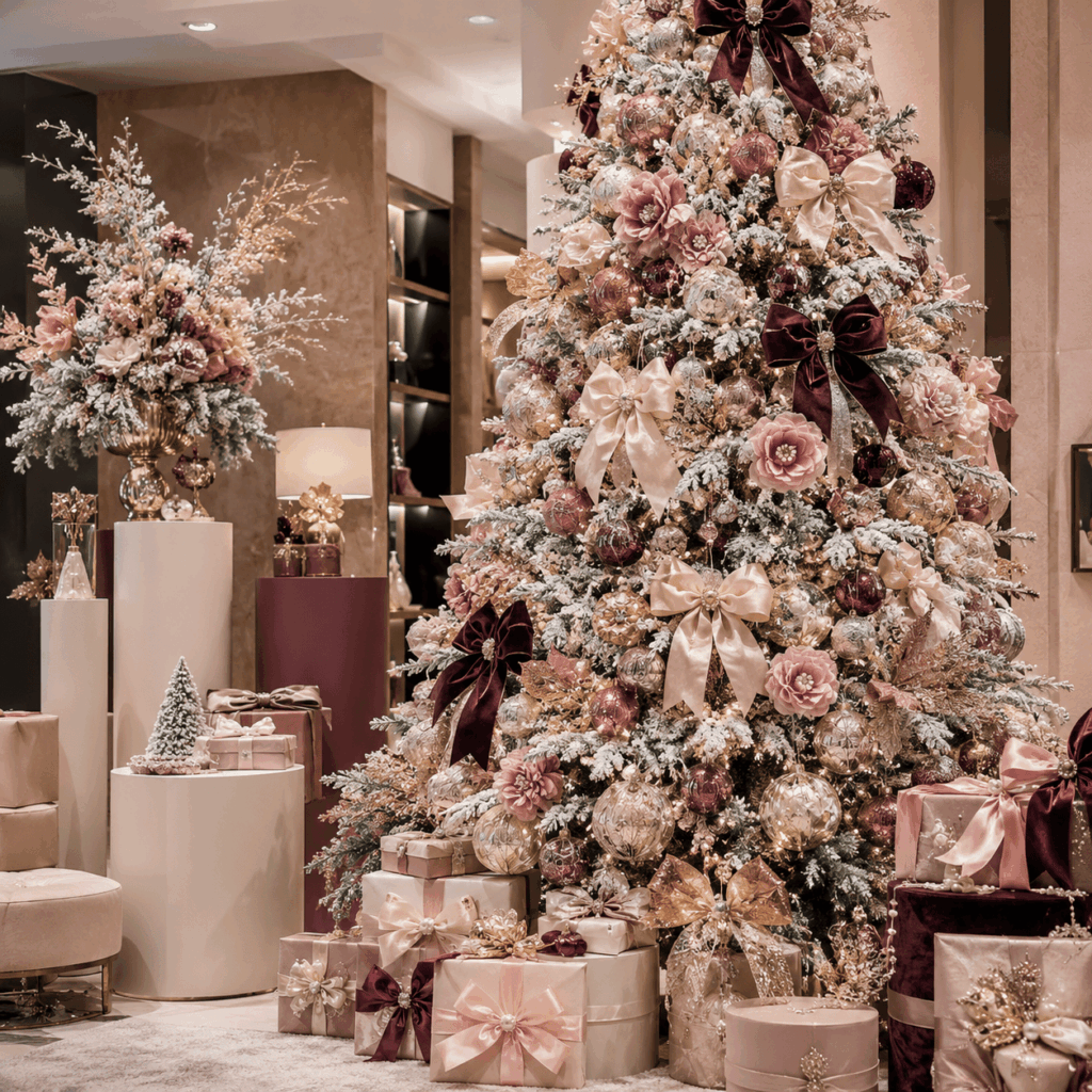 Grand sapin de Noël givré dans un décor professionnel élégant, orné de gros nœuds satinés rose poudré, champagne et prune, de fleurs décoratives, de boules raffinées et de paquets cadeaux assortis. L’ensemble crée une vitrine de Noël haut de gamme, lumineuse, originale et féminine, loin du classique rouge et or.
