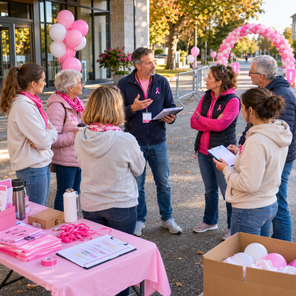 Briefing des bénévoles avant l’ouverture d’une manifestation Octobre Rose