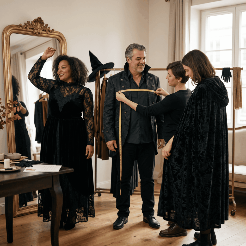 Adultes de différentes morphologies comparant la taille et la coupe de leurs déguisements Halloween avant une soirée