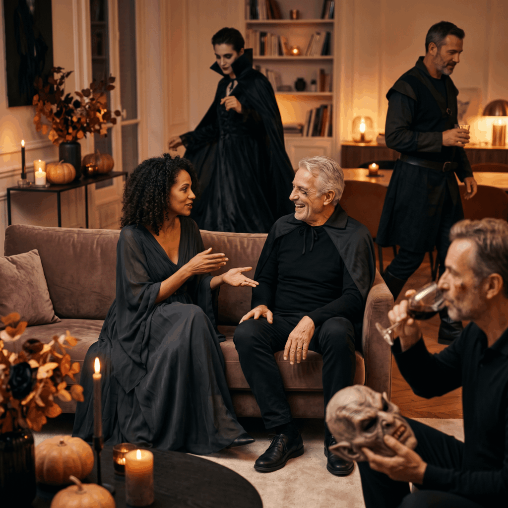 Adultes dansant, discutant et s’asseyant confortablement avec leurs déguisements Halloween lors d’une soirée.