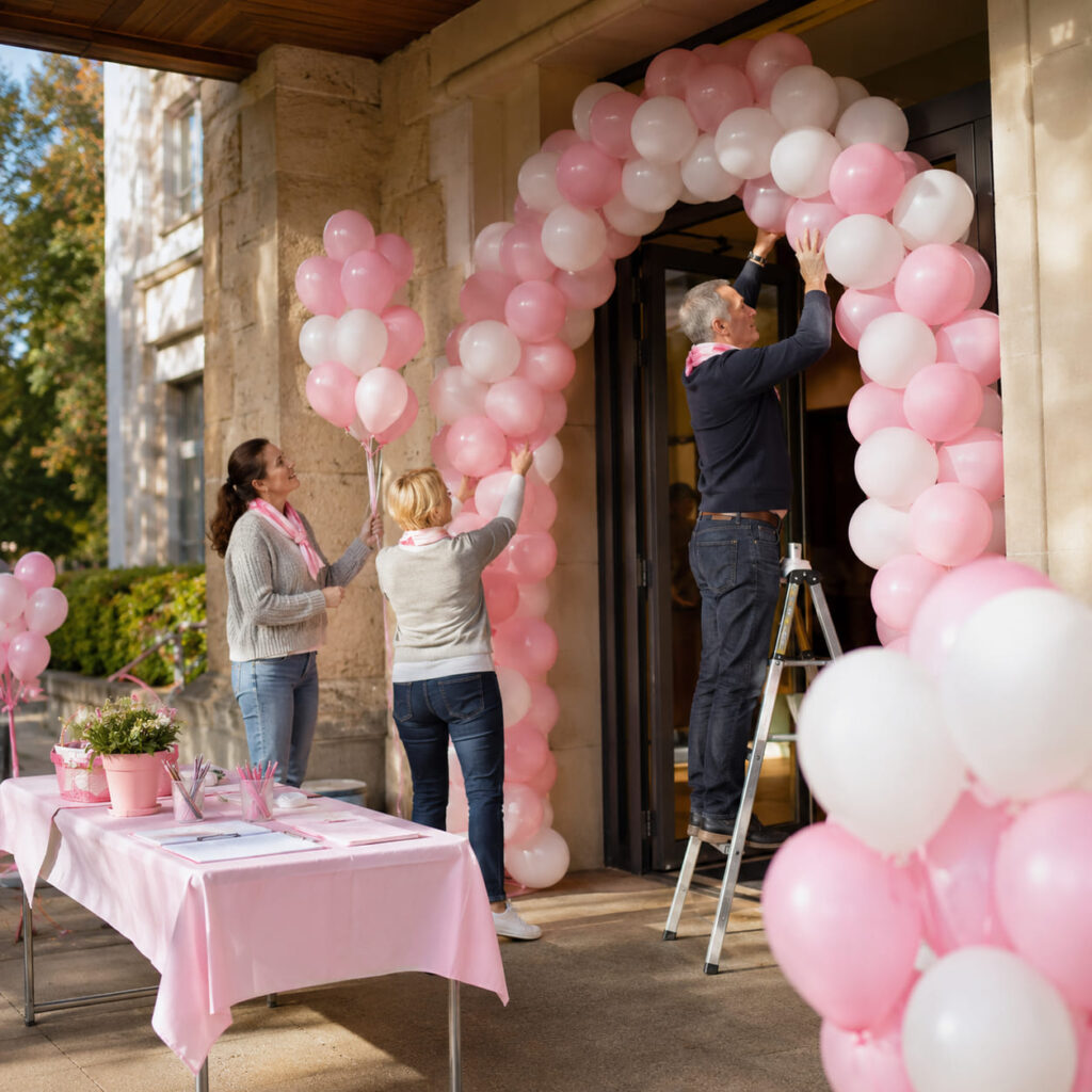 Bénévoles installant une arche de ballons pour une manifestation Octobre Rose