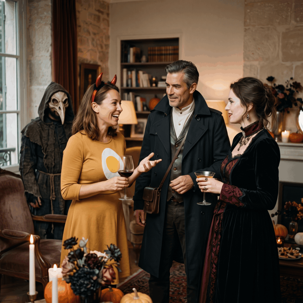 Adultes portant des déguisements Halloween effrayant, élégant, amusant et inspiré du cinéma lors d’une soirée.