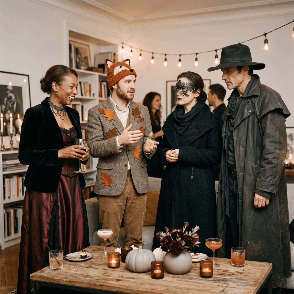 Adultes portant des déguisements Halloween effrayant, élégant, amusant et inspiré du cinéma lors d’une soirée.
