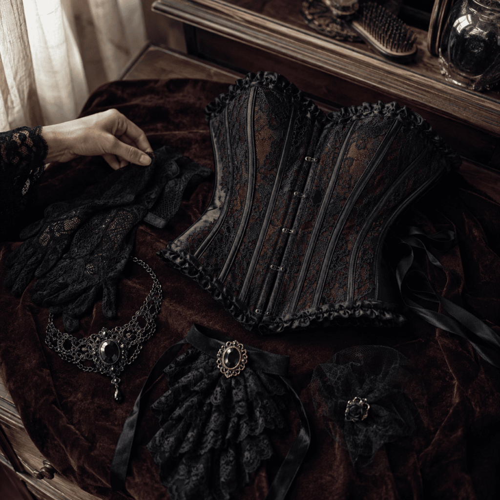 Corset, gants en dentelle, bijoux et lavallière pour composer un look gothique Halloween