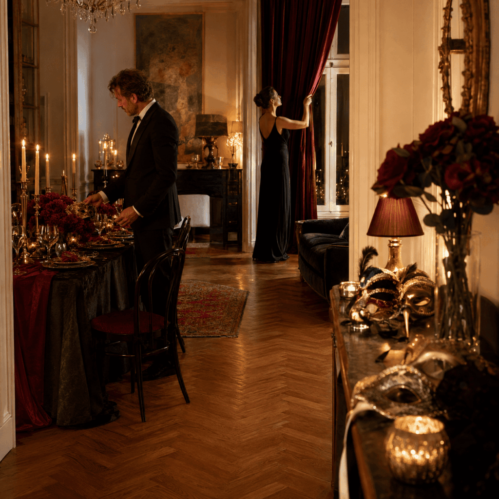 Un couple d’hôtes ajuste les rideaux, les masques et la table d’un salon décoré en rouge, noir et or avant l’arrivée des invités pour un réveillon inspiré de l’opéra.