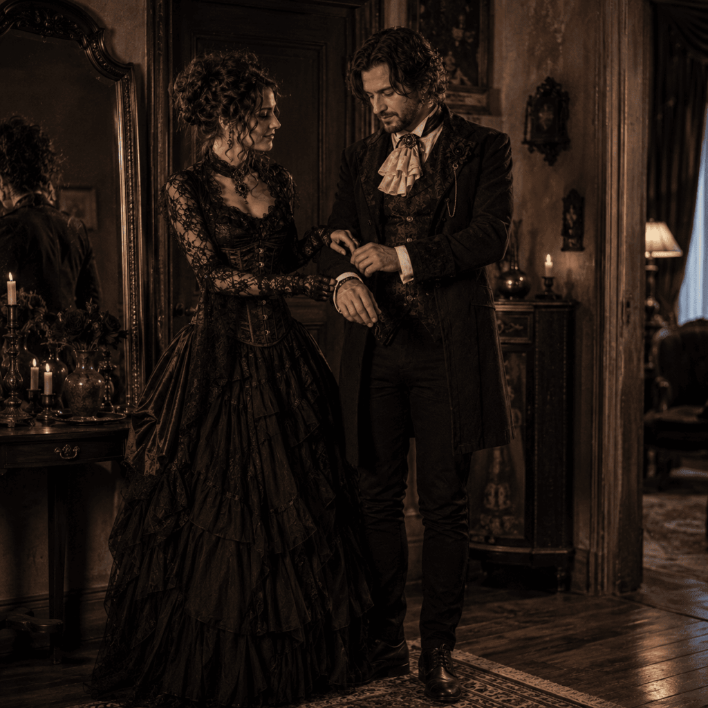 Couple portant des looks gothiques coordonnés romantique et victorien pour Halloween