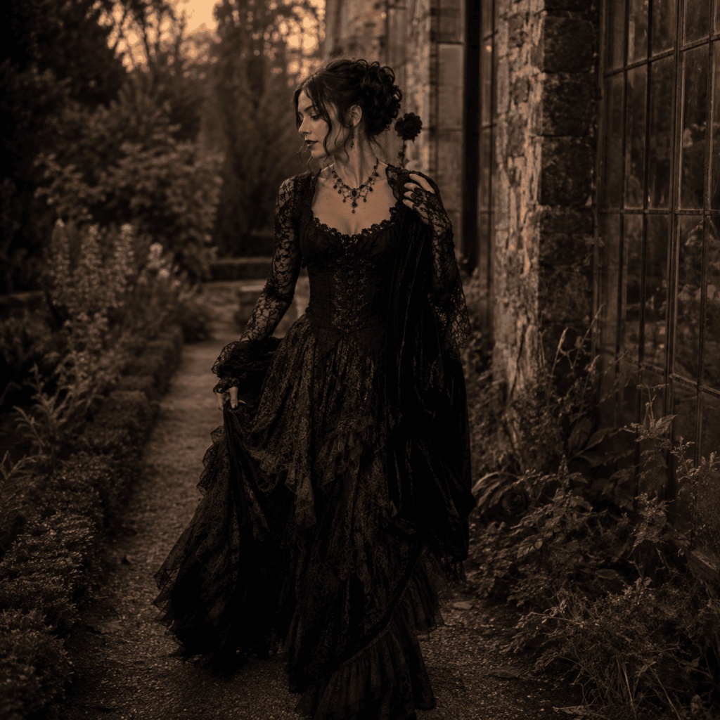 Femme portant un look gothique romantique noir et bordeaux avec dentelle et velours pour Halloween