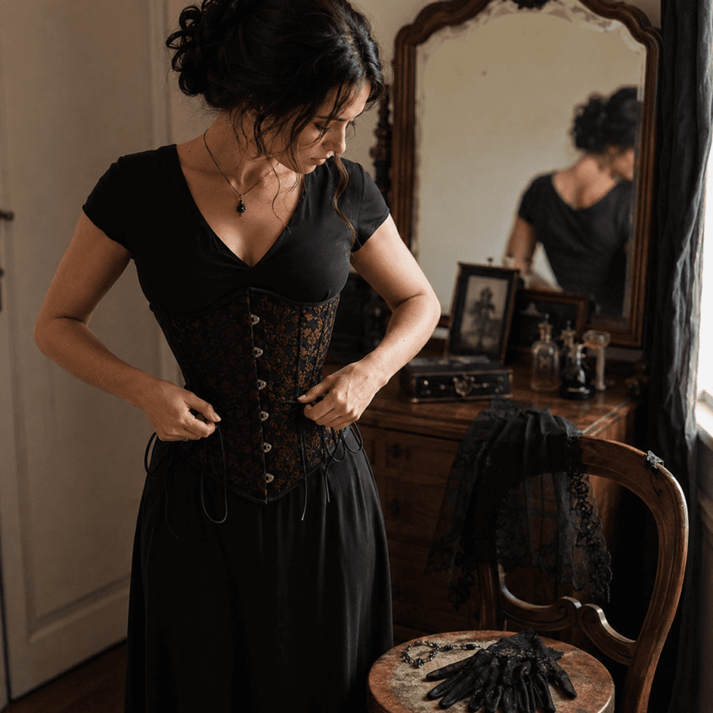 Femme transformant une robe noire avec un corset et des accessoires gothiques pour Halloween