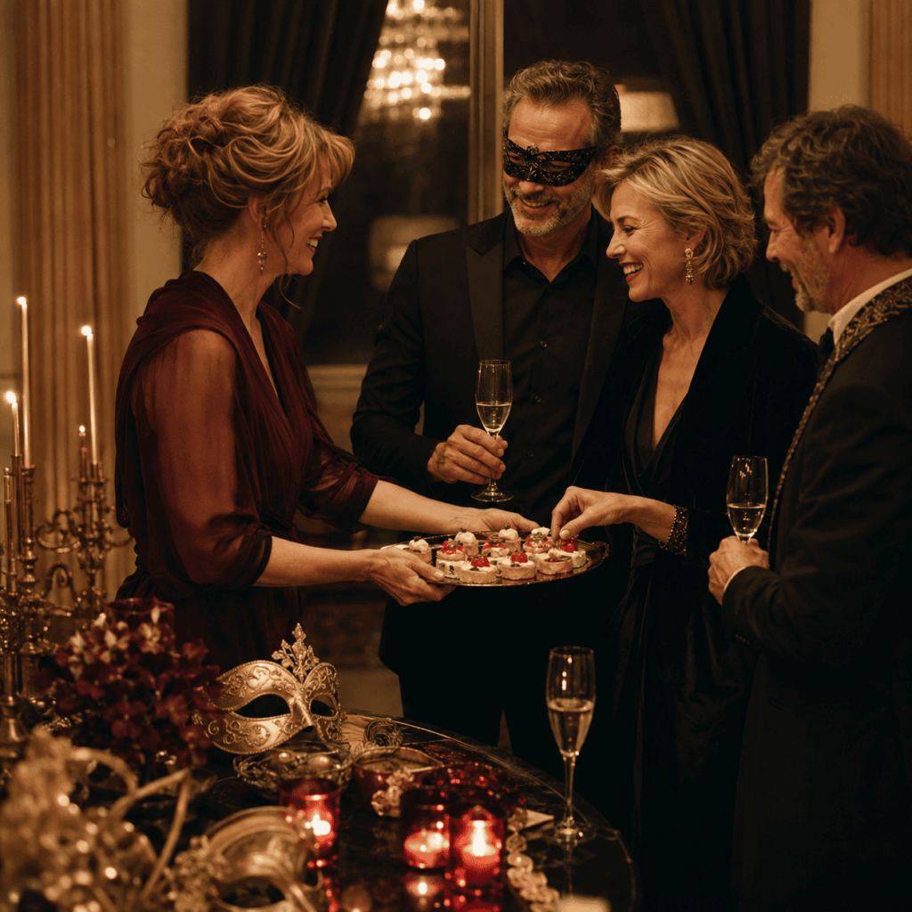 Un hôte sert des petits fours aux invités lors d’un Nouvel An sur le thème de l’opéra.