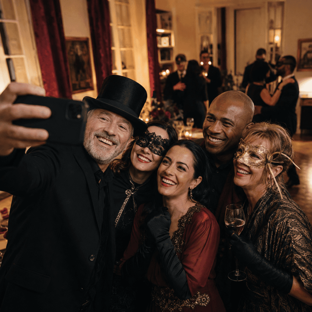 Entre deux actes, les invités immortalisent naturellement l’ambiance du Bal de Minuit.