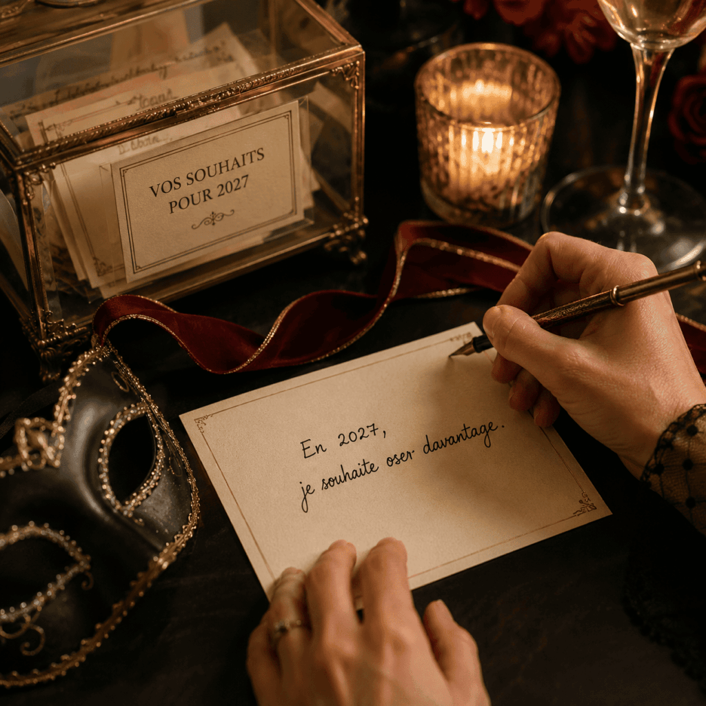 Une personne écrit un souhait pour la nouvelle année avant le rituel du Bal de Minuit.
