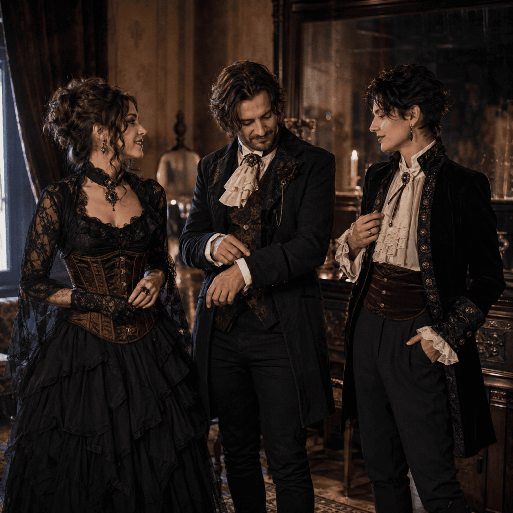 Trois adultes portant des looks gothiques femme, homme et androgyne pour Halloween