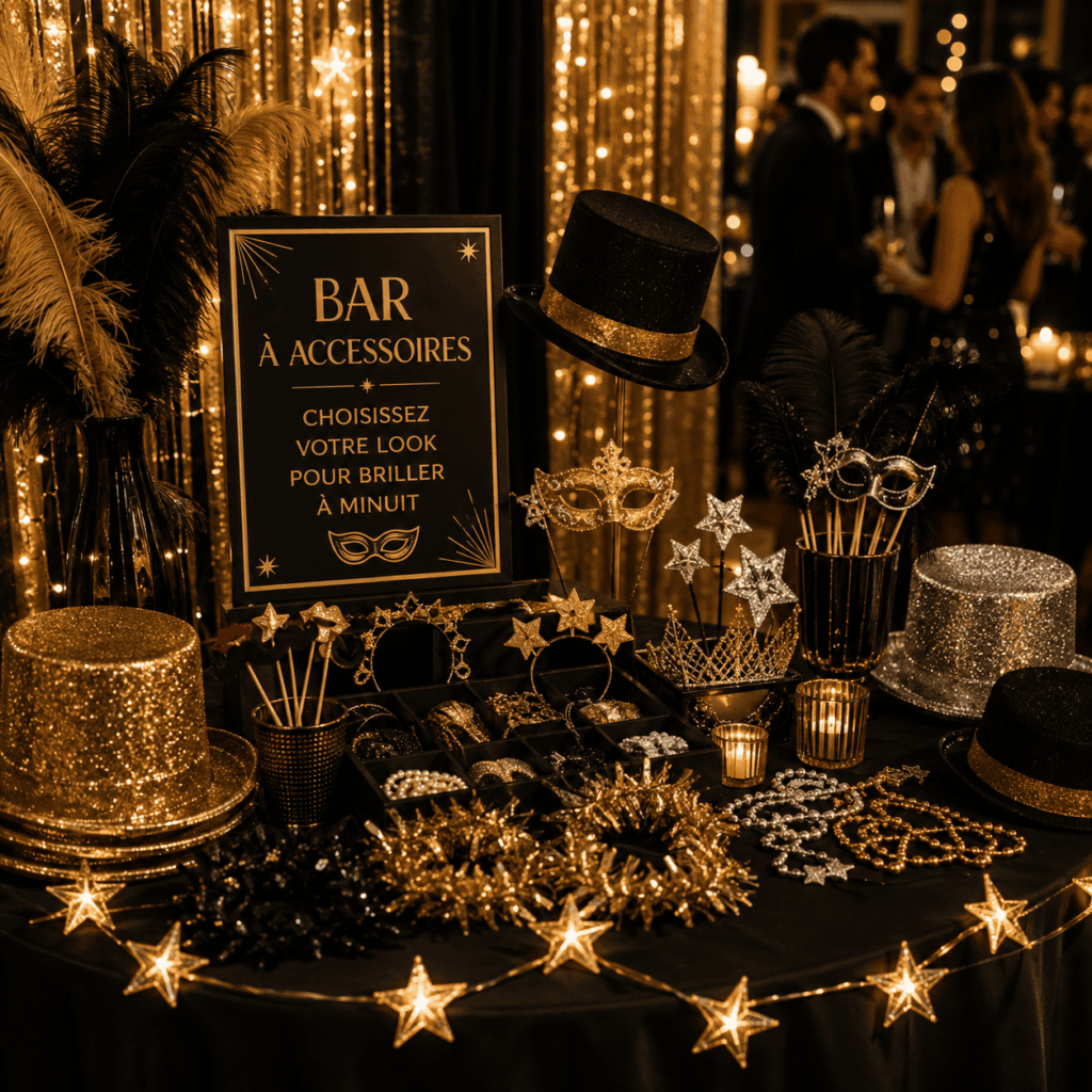 Bar à accessoires noir et or avec chapeaux, masques, serre-têtes et bijoux pour une soirée du Nouvel An.