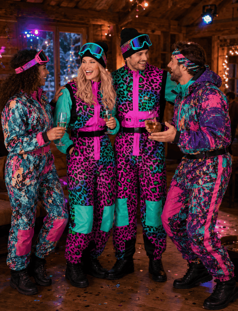 Couple en combinaisons de ski rétro colorées lors d’une soirée après-ski de Nouvel An.