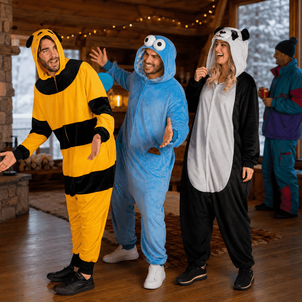 Déguisements de yéti, ours polaire et pingouin pour une soirée après-ski.