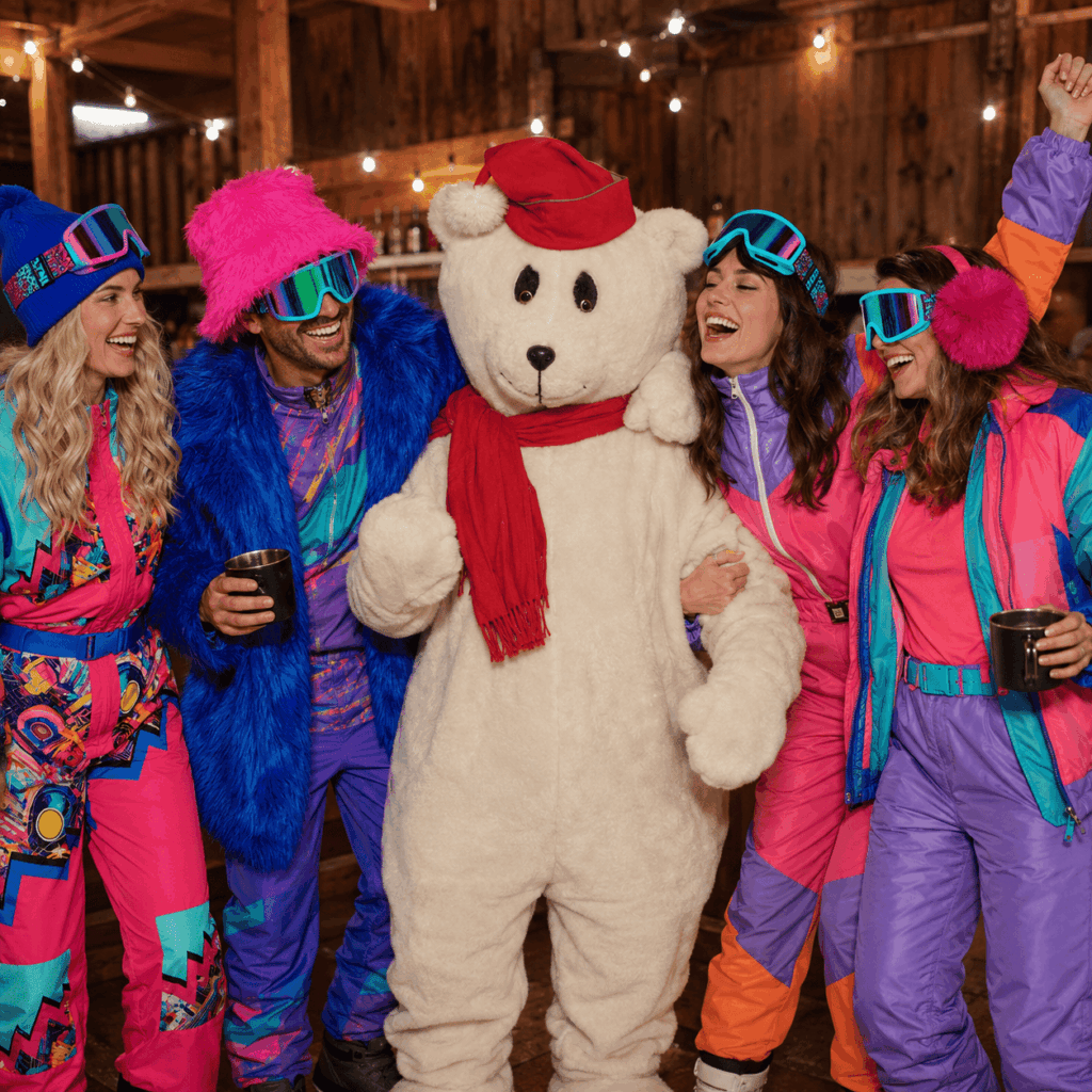 Groupe en déguisements ski rétro avec lunettes coordonnées et mascotte yéti.