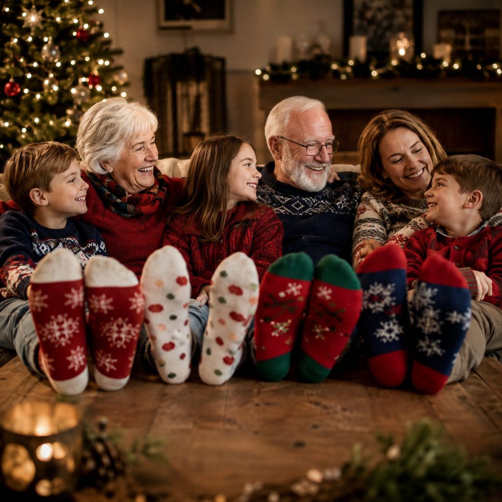 Grands-parents et enfants assis sur un canapé avec des chaussettes de Noël colorées posées sur la table