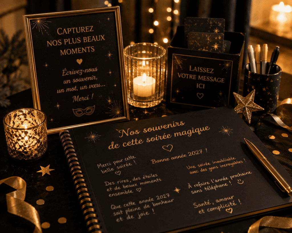 Livre d’or noir et or avec les messages et les vœux laissés lors d’un réveillon sans téléphone.