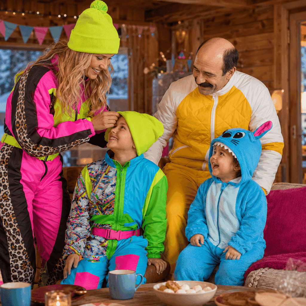 Famille coordonnée en looks après-ski rétro avec couleurs et accessoires assortis.