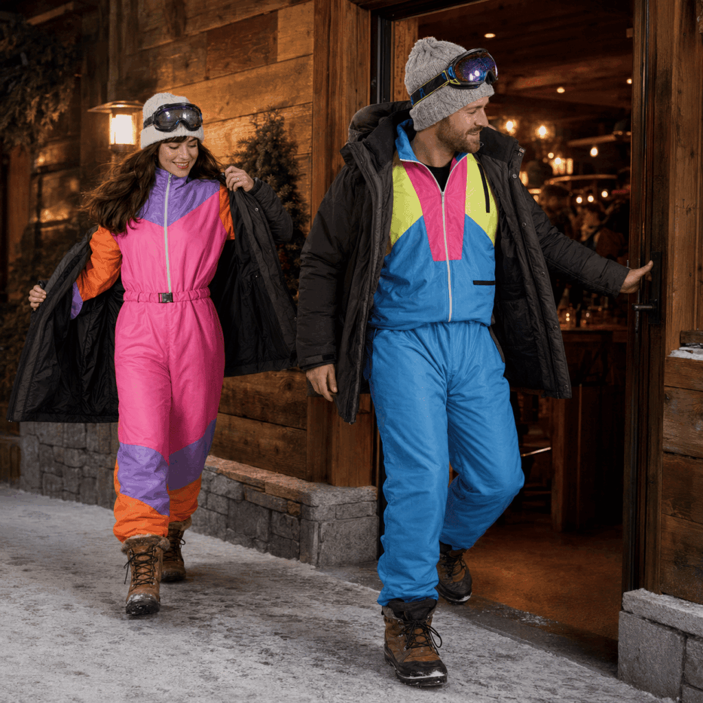 Amis en tenues ski rétro passant du dîner à la fête lors d’un Nouvel An après-ski à la maison.