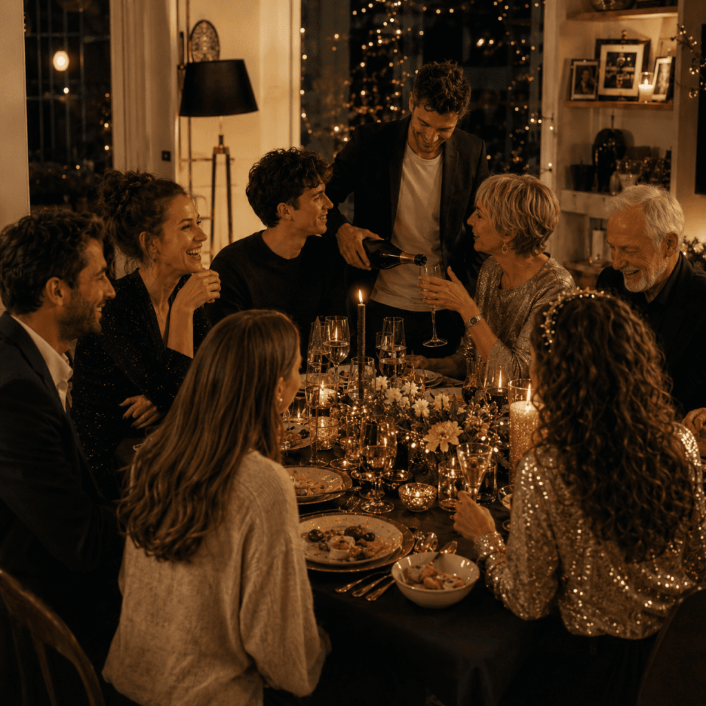 Famille et amis réunis autour d’une table de réveillon chaleureuse sans téléphone visible.