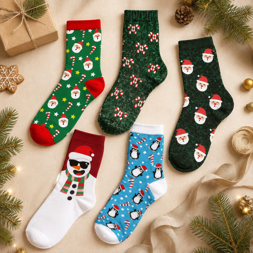 Sélection de chaussettes de Noël fantaisie avec motifs Père Noël, sucre d’orge, bonhomme de neige et pingouins