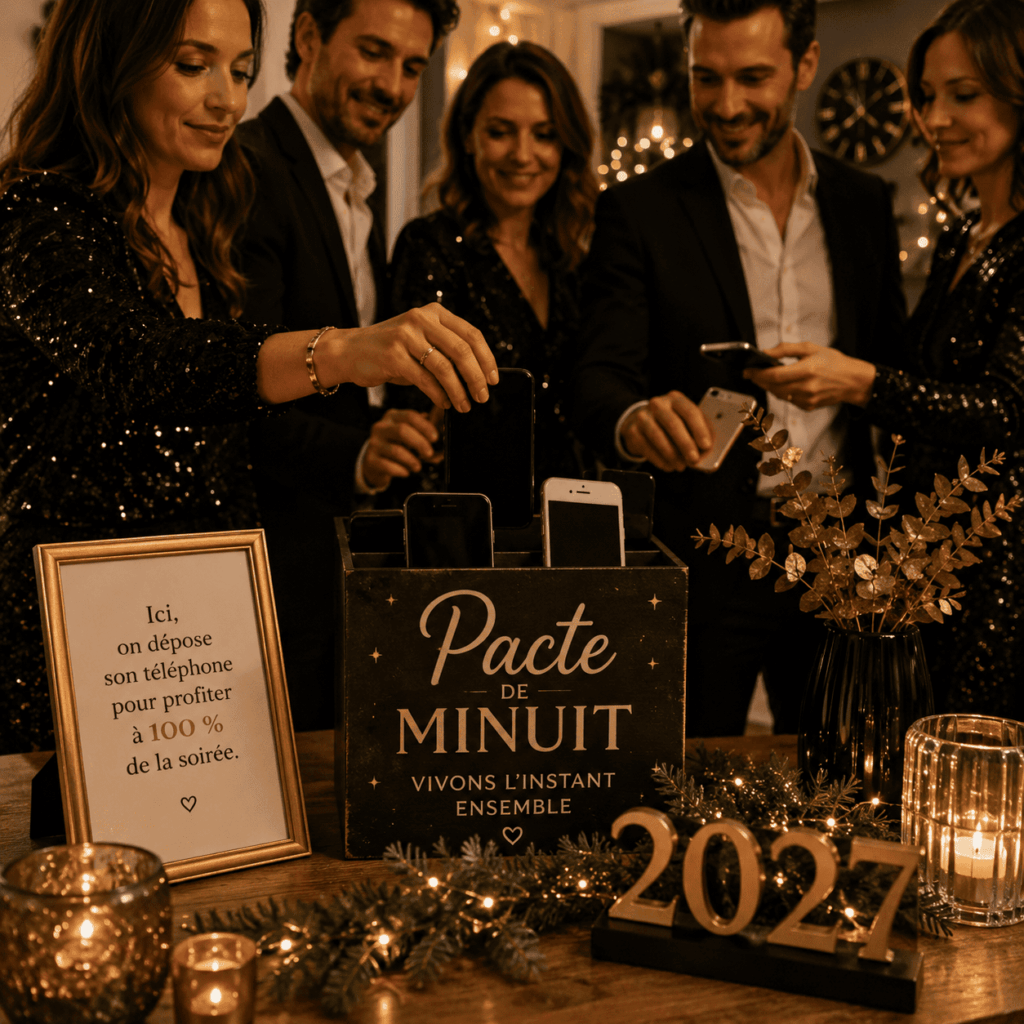 Invités déposant leurs téléphones dans un vestiaire décoré pour le Pacte de Minuit.